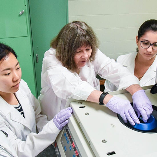 Quinn in lab with research assistants