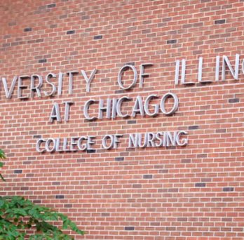 College name sign on exterior wall of UIC College of Nursing building in Chicago 