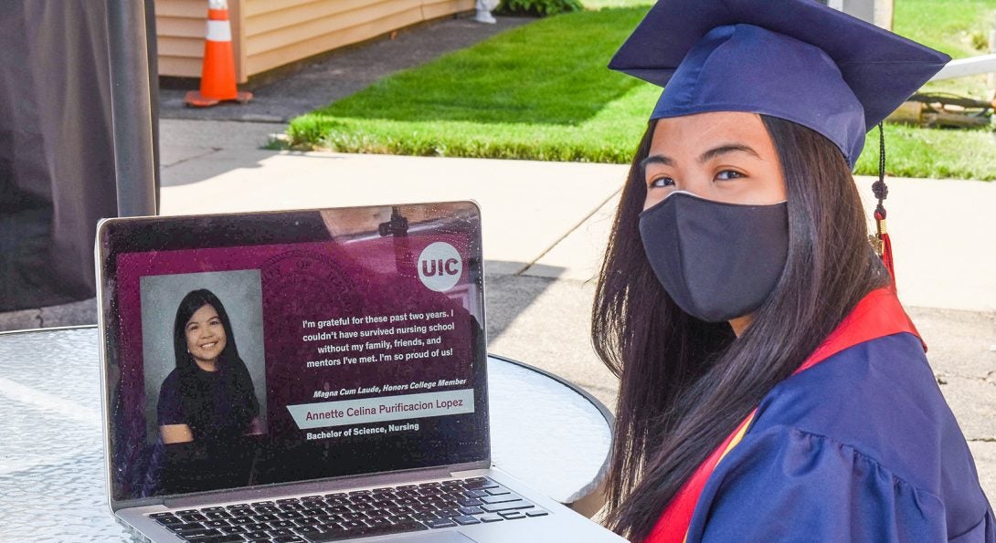 Student Annette Lopez watching her virtual graduation