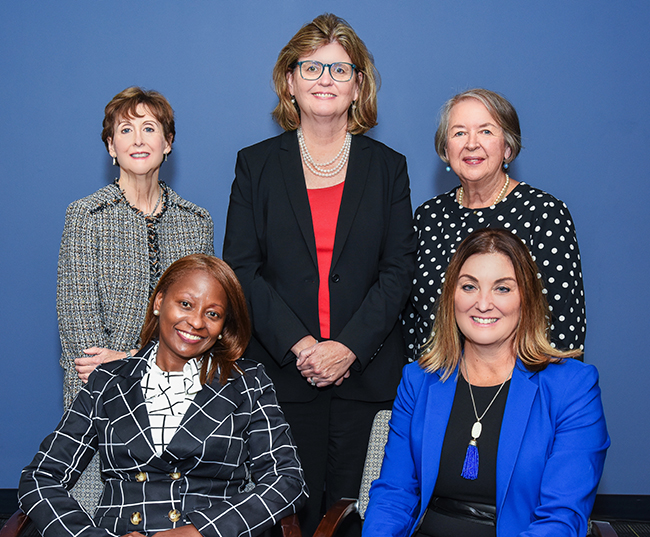 Dean Eileen Collins (center) flanked by alumni nurse leaders who made the morning panel a success: (clockwise from Collins) Sabina Dambrauskas, MS '76, BSN '68; Jennifer Junis, MS ’12, BSN ’01; Yolanda A. Coleman, PhD ’12; and Maryann Alexander, PhD ’02.