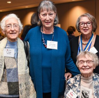(L-R) Jean Downie, one of the first clinical faculty members and the first director of Cook County Hospital’s midwifery services; Katherine Camacho Carr, MS ’74, a member of the first class and former ACNM president; Sabina Dambrauskas, MS ’76, BSN ’68, a member of the first class and former UIC Nursing faculty member; (seated) Ruth E. Alteneder, MS ’74, a student in the first class.
                  