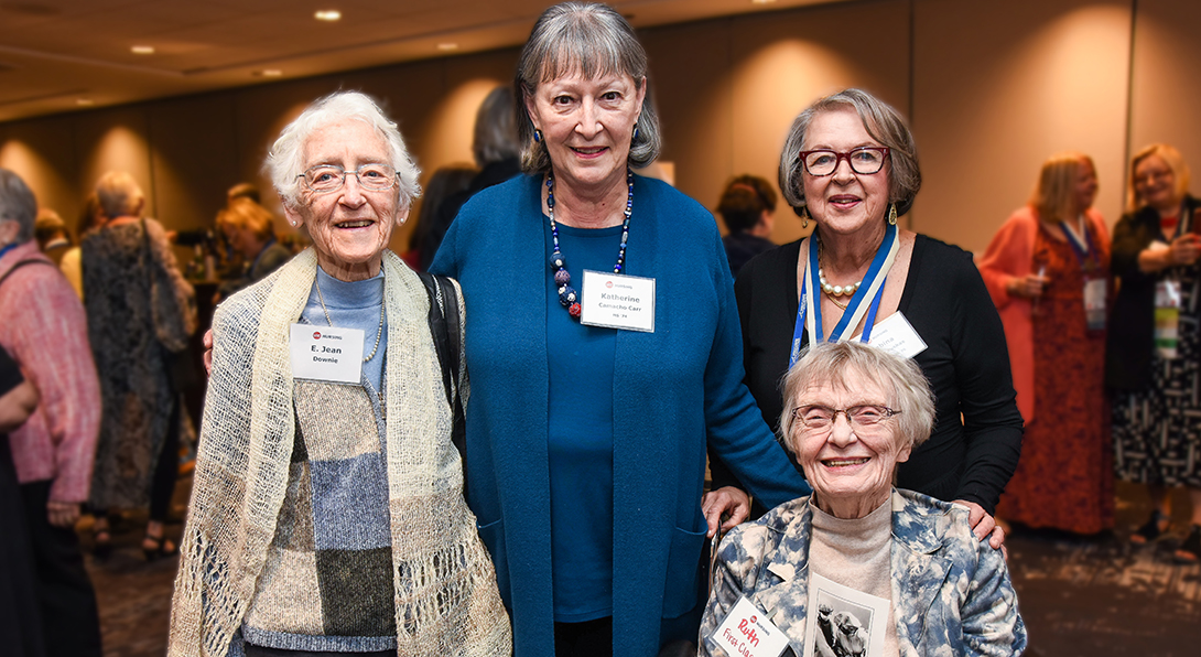 (L-R) Jean Downie, one of the first clinical faculty members and the first director of Cook County Hospital’s midwifery services; Katherine Camacho Carr, MS ’74, a member of the first class and former ACNM president; Sabina Dambrauskas, MS ’76, BSN ’68, a member of the first class and former UIC Nursing faculty member; (seated) Ruth E. Alteneder, MS ’74, a student in the first class.