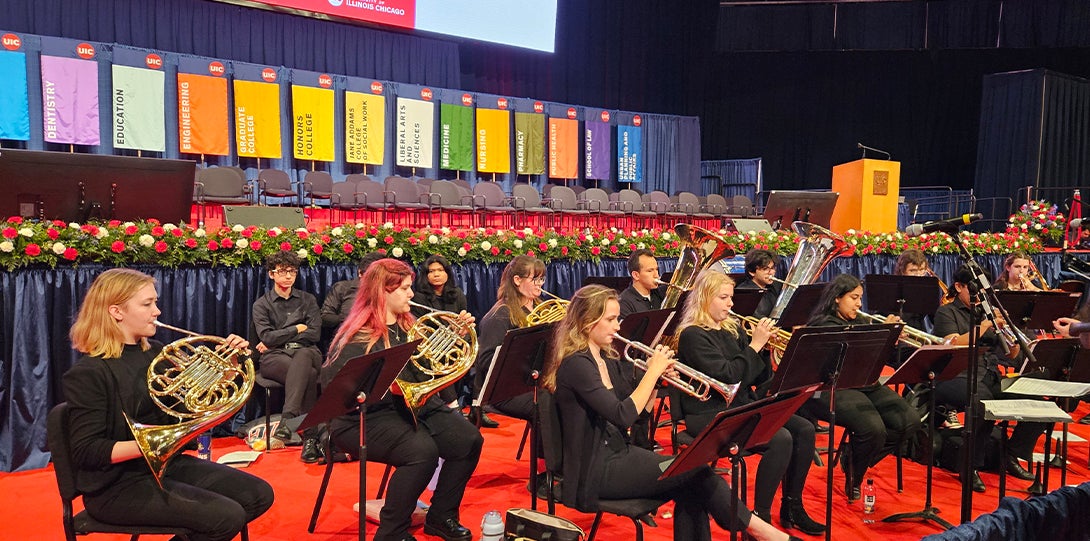 Concert band playing various orchestral instruments