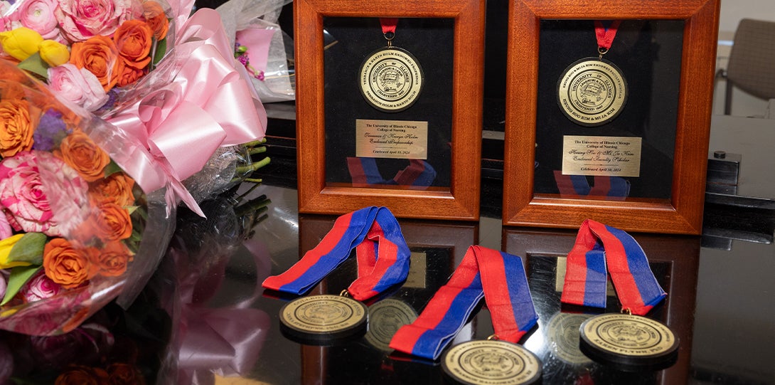 Several awards on a table