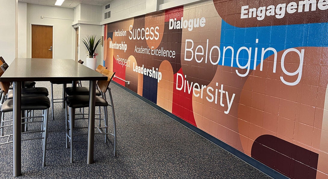 The mural wall in the CAECE on which the following words are visible: engagement, belonging, diversity, sialogue, success, leadership, academic excellence, respect, inclusion, mentorship