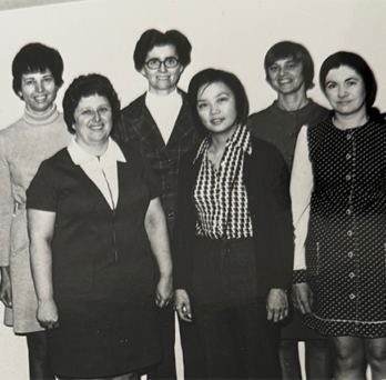 Black-and-white photo of six women, standing side by side, in 1974 