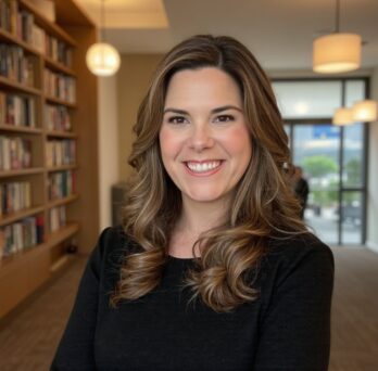 Woman smiles at camera in front of bookshelves 