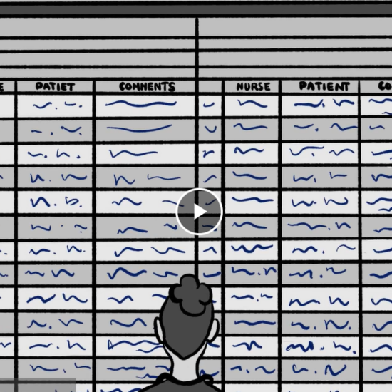 Grayscale illustration of a nurse looking at an enormous patient board